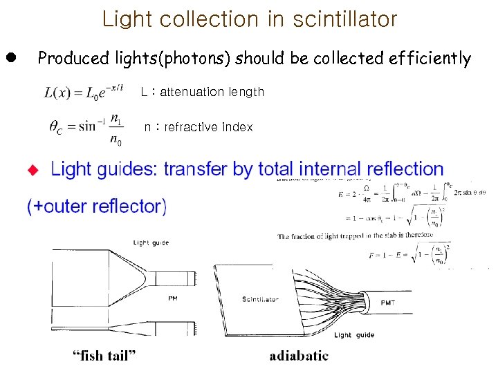 Light collection in scintillator l Produced lights(photons) should be collected efficiently L : attenuation