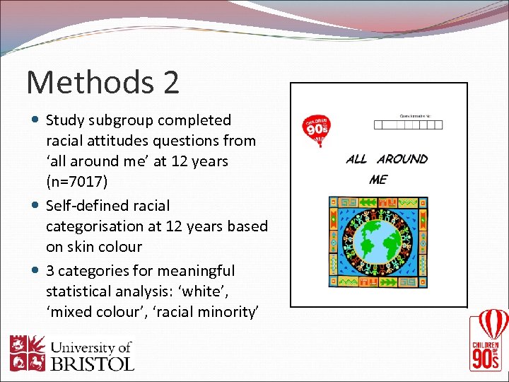 Methods 2 Study subgroup completed racial attitudes questions from ‘all around me’ at 12