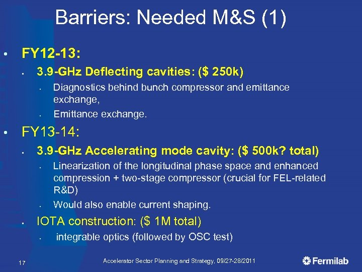 Barriers: Needed M&S (1) • FY 12 -13: § 3. 9 -GHz Deflecting cavities: