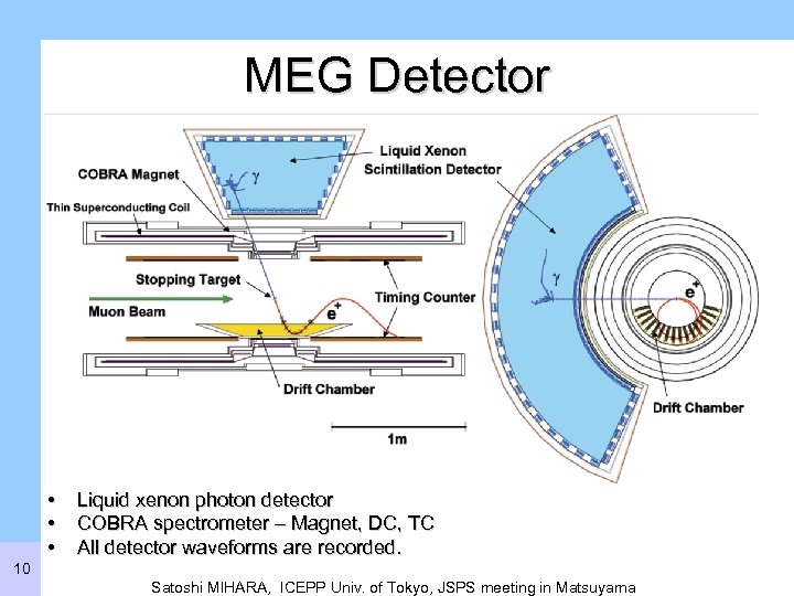 MEG Detector • • • Liquid xenon photon detector COBRA spectrometer – Magnet, DC,