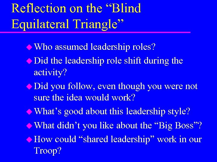 Reflection on the “Blind Equilateral Triangle” u Who assumed leadership roles? u Did the