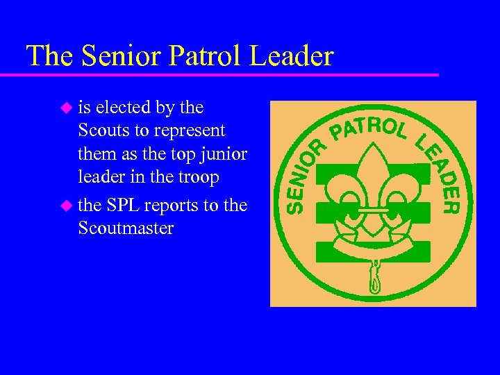 The Senior Patrol Leader u is elected by the Scouts to represent them as