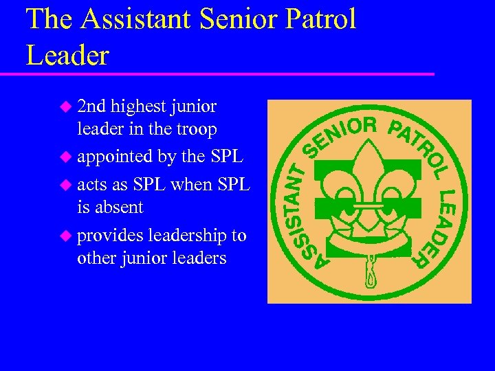 The Assistant Senior Patrol Leader u 2 nd highest junior leader in the troop