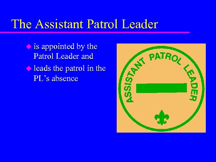 The Assistant Patrol Leader u is appointed by the Patrol Leader and u leads