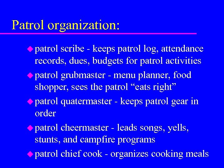 Patrol organization: u patrol scribe - keeps patrol log, attendance records, dues, budgets for