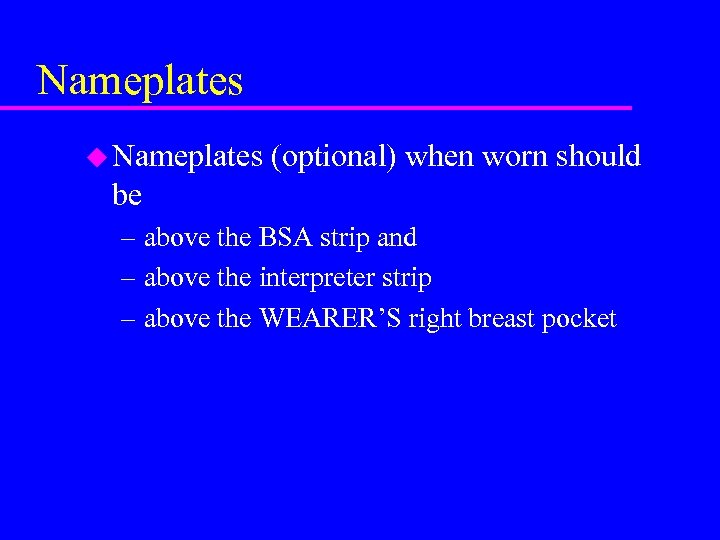 Nameplates u Nameplates (optional) when worn should be – above the BSA strip and