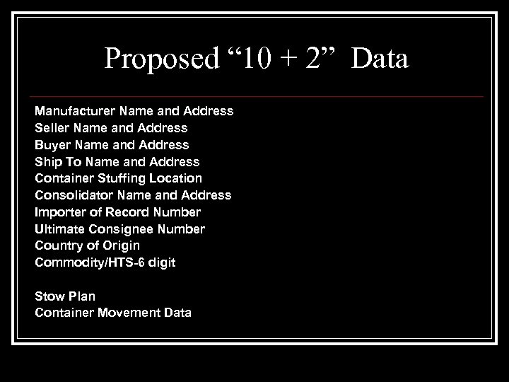 Proposed “ 10 + 2” Data Manufacturer Name and Address Seller Name and Address