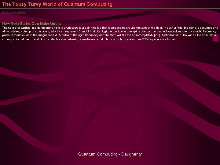 The Topsy Turvy World of Quantum Computing go to main article How Spin States