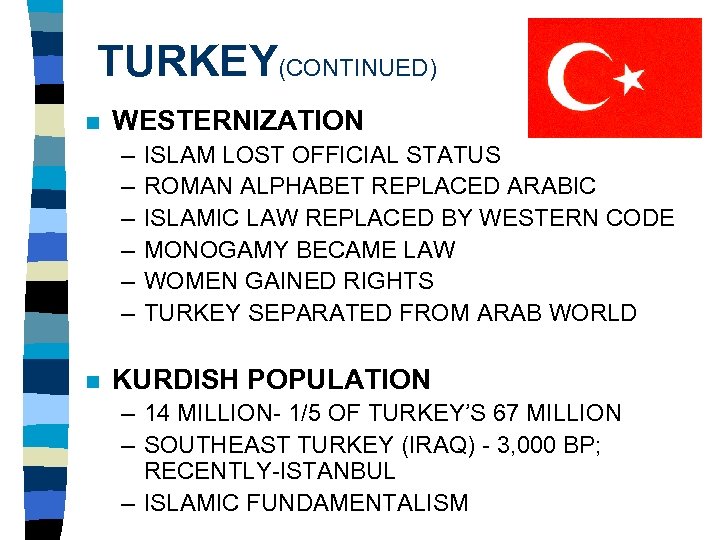 TURKEY(CONTINUED) n WESTERNIZATION – – – n ISLAM LOST OFFICIAL STATUS ROMAN ALPHABET REPLACED