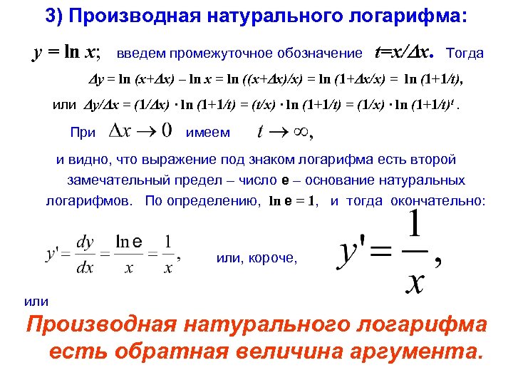 3) Производная натурального логарифма: y = ln x; введем промежуточное обозначение t=x/Dx. Тогда Dy