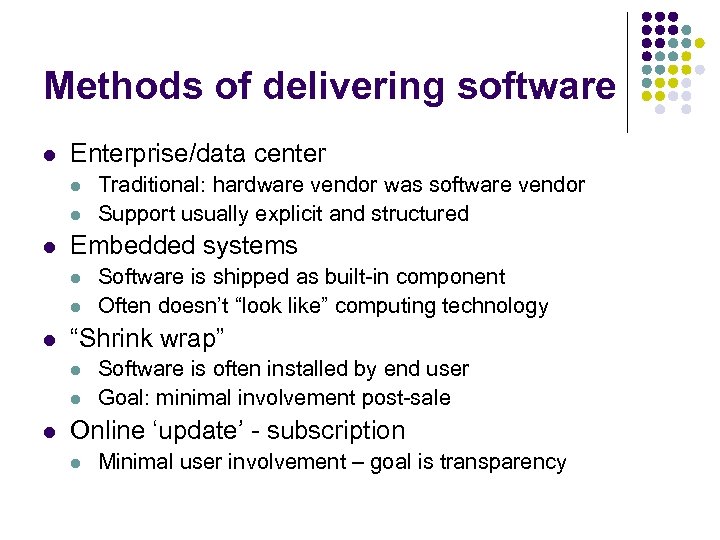 Methods of delivering software l Enterprise/data center l l l Embedded systems l l