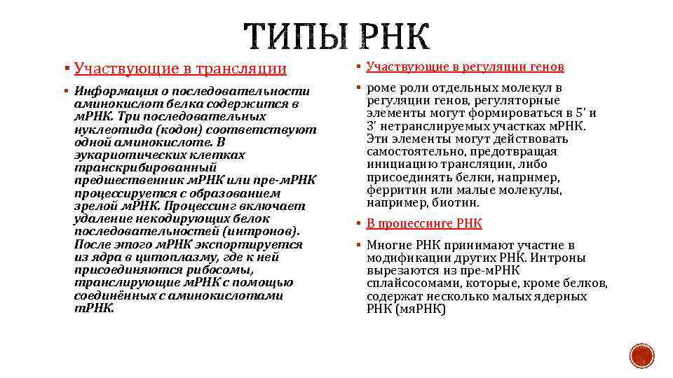 § Участвующие в трансляции § Участвующие в регуляции генов § Информация о последовательности §