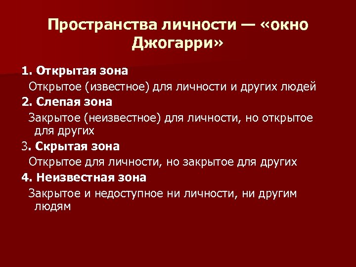 Пространства личности — «окно Джогарри» 1. Открытая зона Открытое (известное) для личности и других