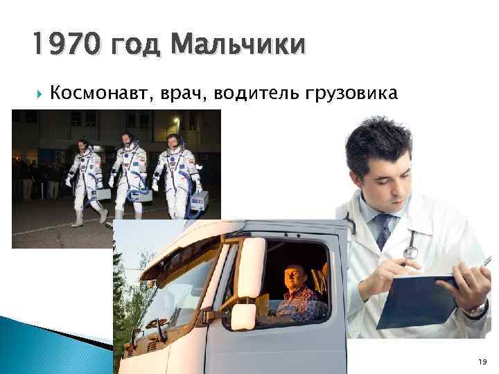 1970 год Мальчики Космонавт, врач, водитель грузовика 19 