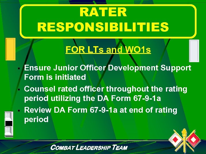 RATER RESPONSIBILITIES FOR LTs and WO 1 s § § § Ensure Junior Officer