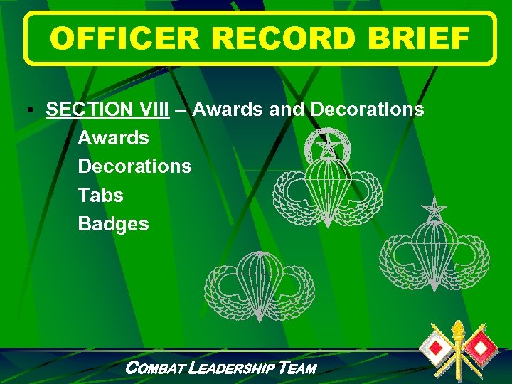 OFFICER RECORD BRIEF § SECTION VIII – Awards and Decorations Awards Decorations Tabs Badges