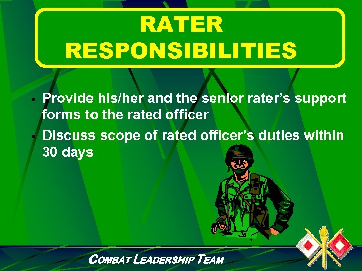 RATER RESPONSIBILITIES § § Provide his/her and the senior rater’s support forms to the