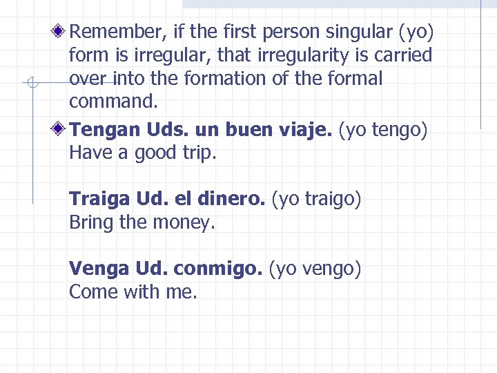 Remember, if the first person singular (yo) form is irregular, that irregularity is carried