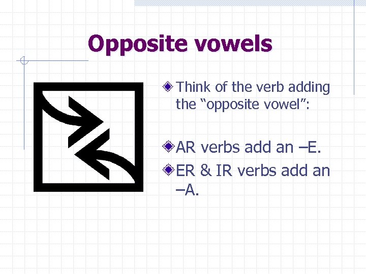 Opposite vowels Think of the verb adding the “opposite vowel”: AR verbs add an