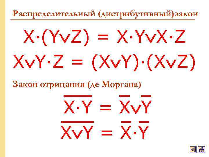 Распределительный (дистрибутивный)закон X·(Y Z) = X·Y X·Z X Y·Z = (X Y)·(X Z) Закон