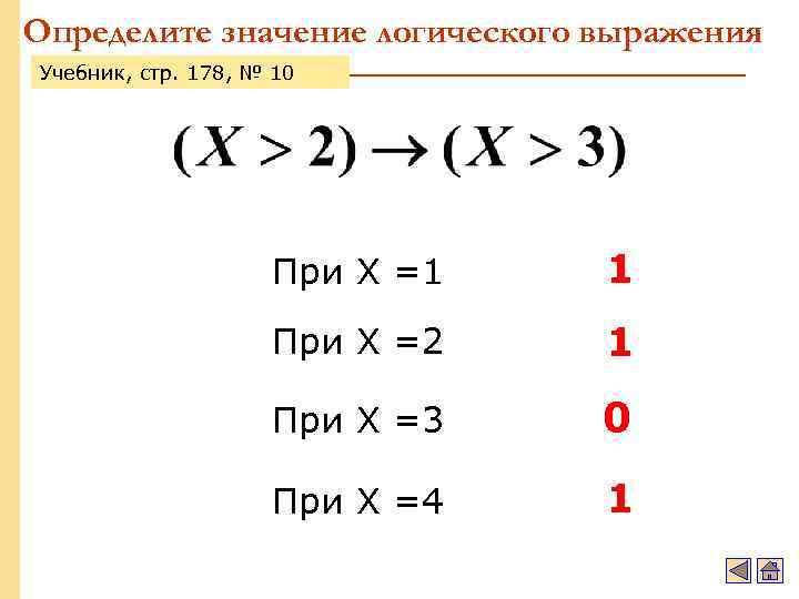 Определите значение логического выражения Учебник, стр. 178, № 10 При X =1 1 При