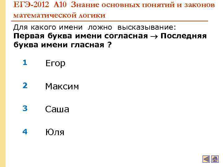 ЕГЭ-2012 А 10 Знание основных понятий и законов математической логики Для какого имени ложно