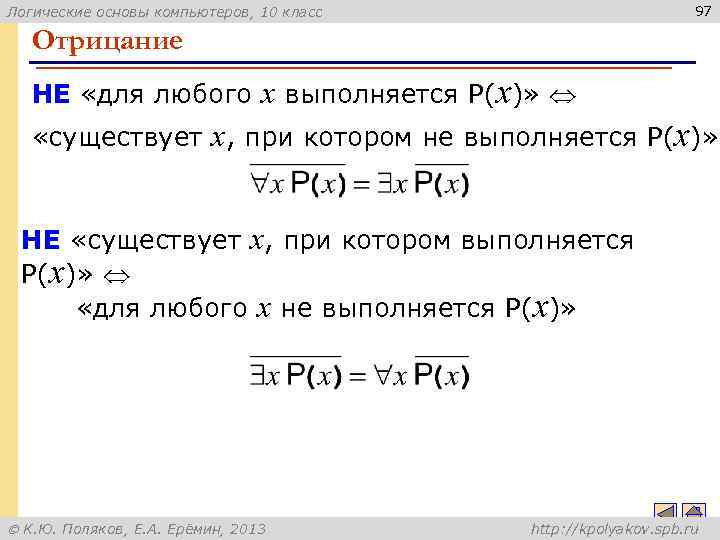 97 Логические основы компьютеров, 10 класс Отрицание НЕ «для любого x выполняется P(x)» «существует