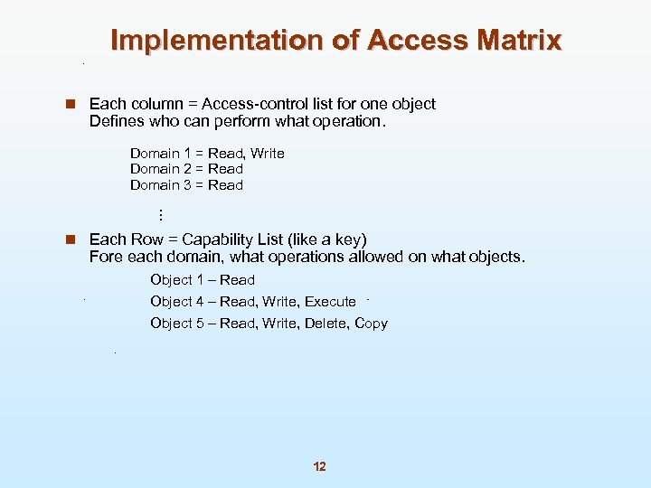 Implementation of Access Matrix n Each column = Access-control list for one object Defines