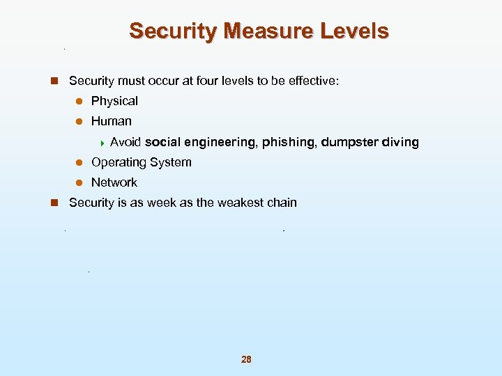Security Measure Levels n Security must occur at four levels to be effective: l