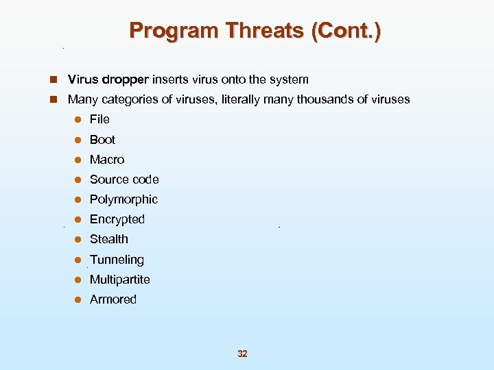 Program Threats (Cont. ) n Virus dropper inserts virus onto the system n Many