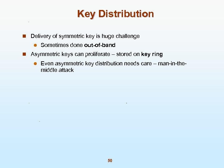 Key Distribution n Delivery of symmetric key is huge challenge l Sometimes done out-of-band