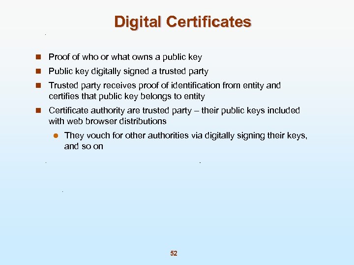 Digital Certificates n Proof of who or what owns a public key n Public
