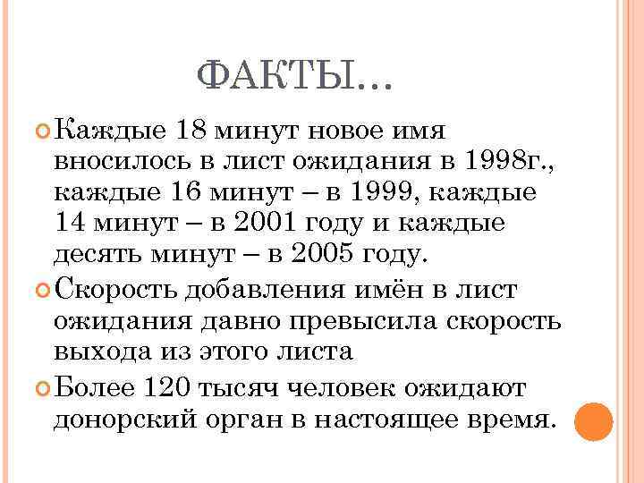 ФАКТЫ… Каждые 18 минут новое имя вносилось в лист ожидания в 1998 г. ,