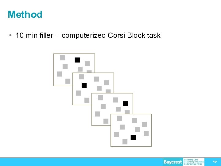 Method • 10 min filler - computerized Corsi Block task Pg 8 