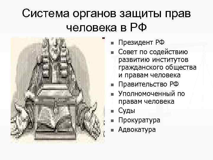 Система органов защиты прав человека в РФ n n n n Президент РФ Совет