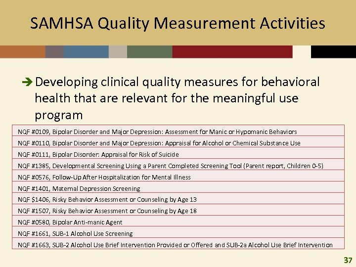 SAMHSA Quality Measurement Activities è Developing clinical quality measures for behavioral health that are