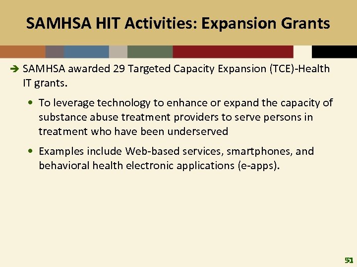 SAMHSA HIT Activities: Expansion Grants è SAMHSA awarded 29 Targeted Capacity Expansion (TCE)-Health IT