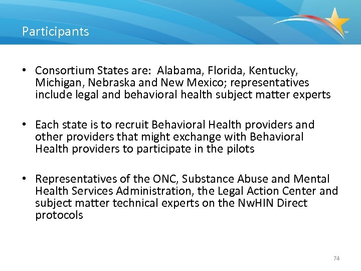 Participants • Consortium States are: Alabama, Florida, Kentucky, Michigan, Nebraska and New Mexico; representatives