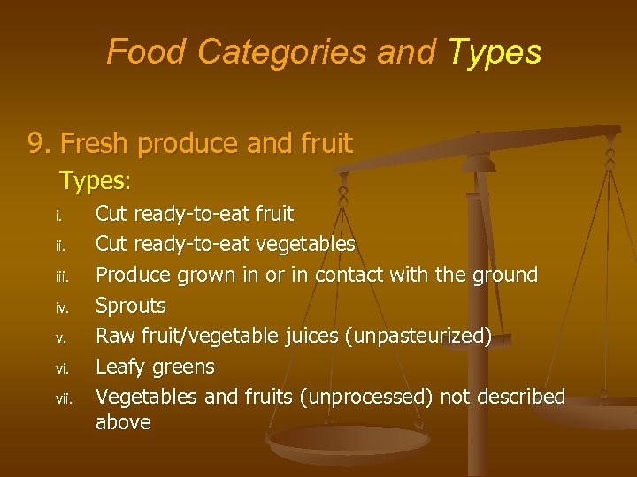 Food Categories and Types 9. Fresh produce and fruit Types: i. iii. iv. v.