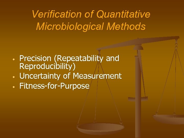 Verification of Quantitative Microbiological Methods • • • Precision (Repeatability and Reproducibility) Uncertainty of