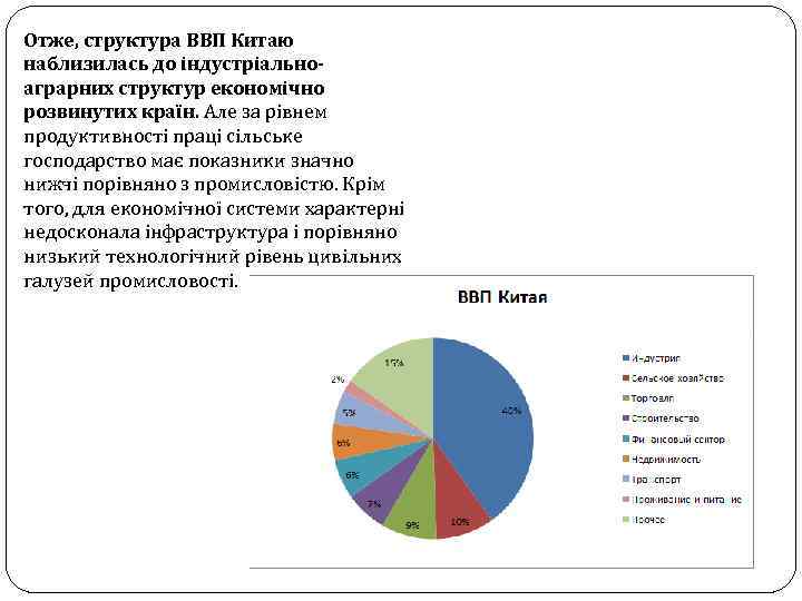 Отже, структура ВВП Китаю наблизилась до індустріальноаграрних структур економічно розвинутих країн. Але за рівнем