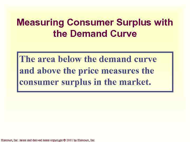 Measuring Consumer Surplus with the Demand Curve The area below the demand curve and