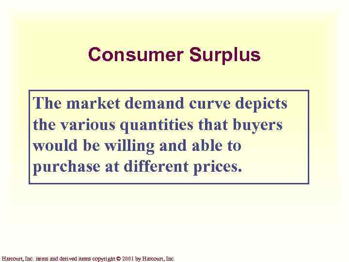 Consumer Surplus The market demand curve depicts the various quantities that buyers would be