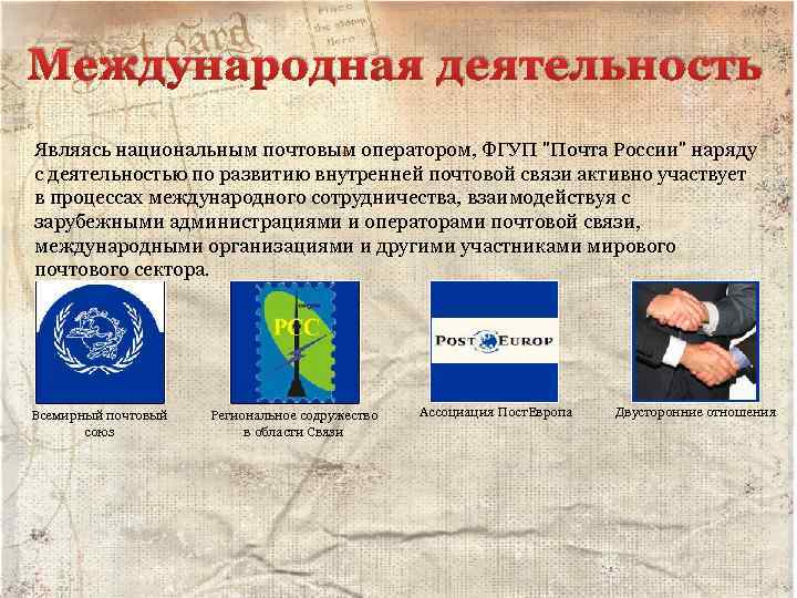 Международная деятельность Являясь национальным почтовым оператором, ФГУП 