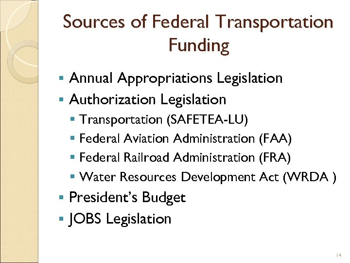 Sources of Federal Transportation Funding Annual Appropriations Legislation § Authorization Legislation § § Transportation