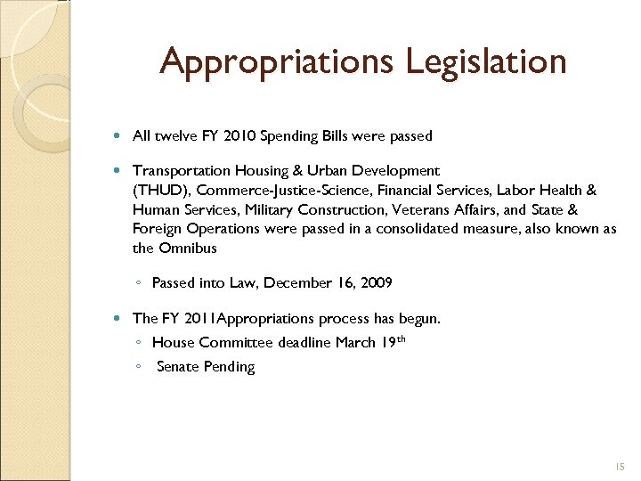 Appropriations Legislation All twelve FY 2010 Spending Bills were passed Transportation Housing & Urban