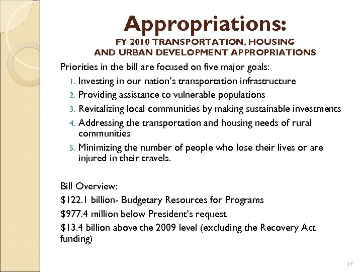 Appropriations: FY 2010 TRANSPORTATION, HOUSING AND URBAN DEVELOPMENT APPROPRIATIONS Priorities in the bill are