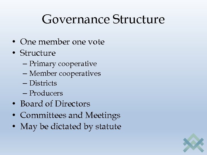 Governance Structure • One member one vote • Structure – Primary cooperative – Member