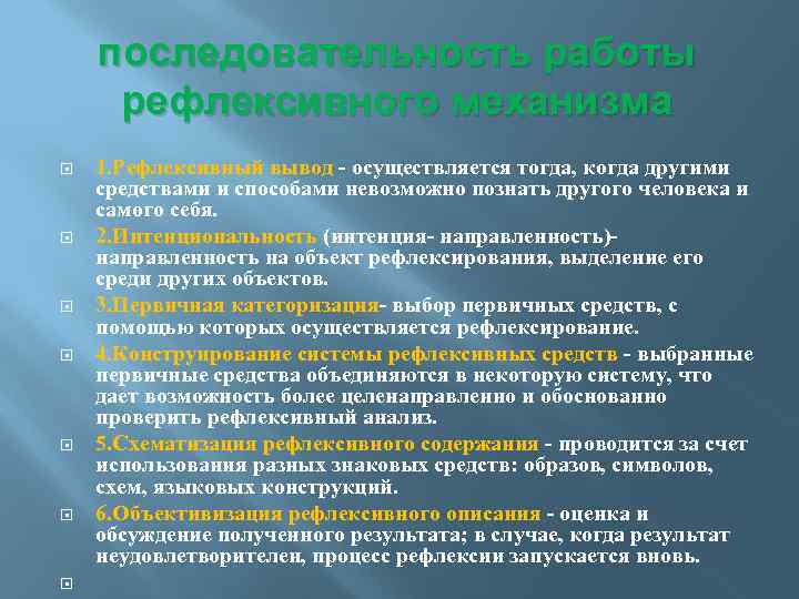 последовательность работы рефлексивного механизма 1. Рефлексивный вывод - осуществляется тогда, когда другими средствами и