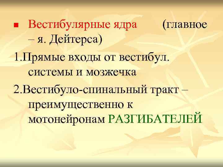 Вестибулярные ядра (главное – я. Дейтерса) 1. Прямые входы от вестибул. системы и мозжечка